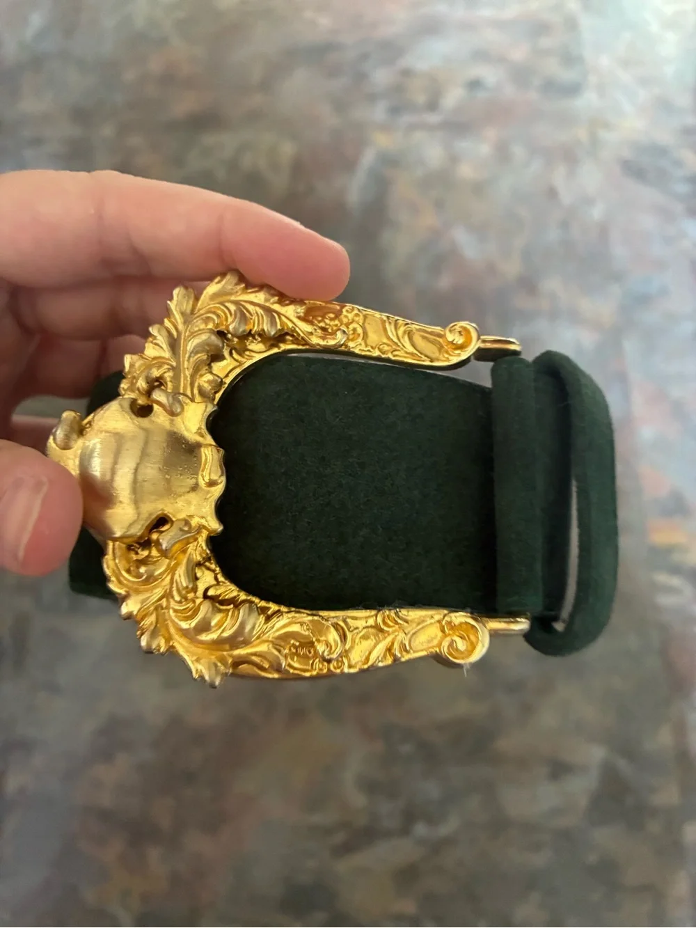 American Vintage Dark Green Suede Belt with Ornate Gold Buckle